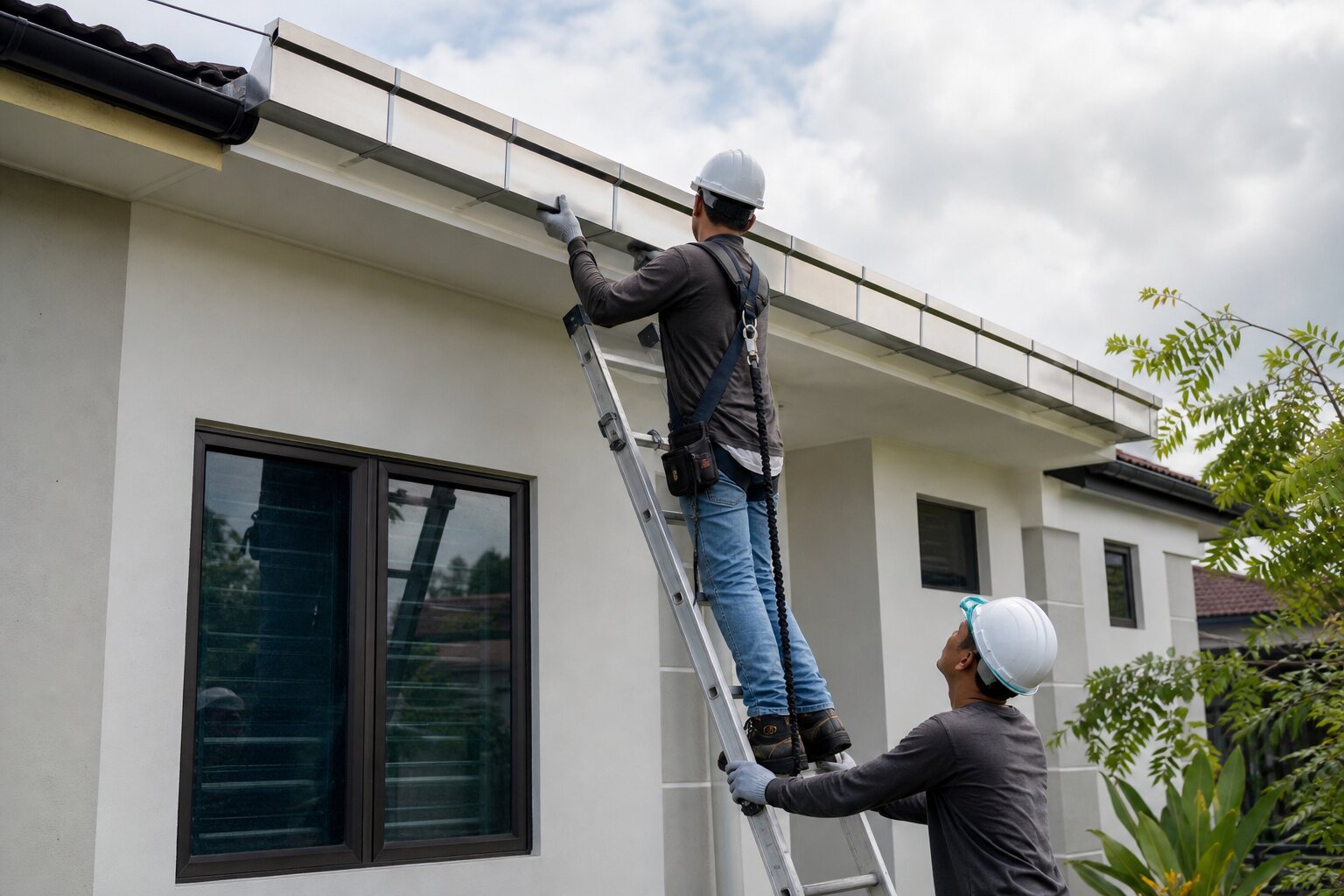 Cheong Seng team installing a stainless steel gutter on a Malaysian home