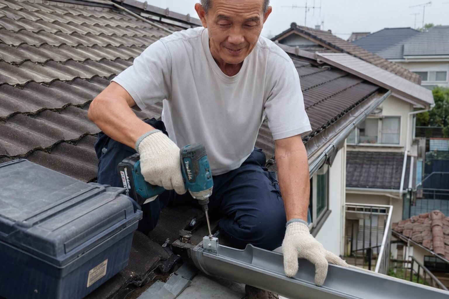 Stainless steel gutter installation on a Malaysian roof edge