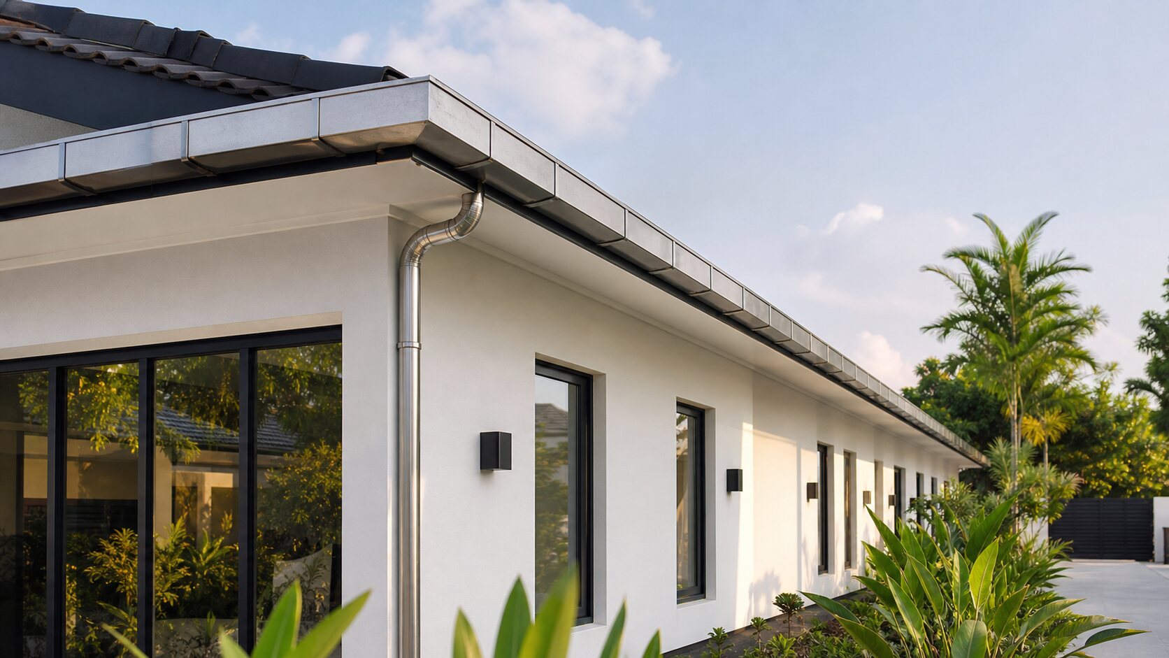 Finished residential gutter installation along a roof edge