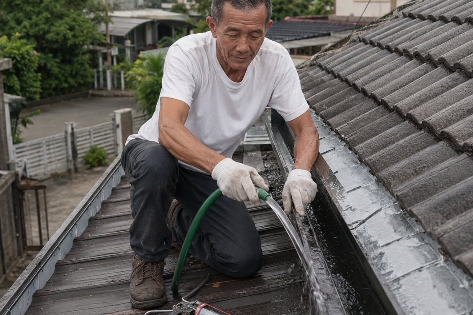 New stainless steel gutter installation on Malaysian terrace roof edge