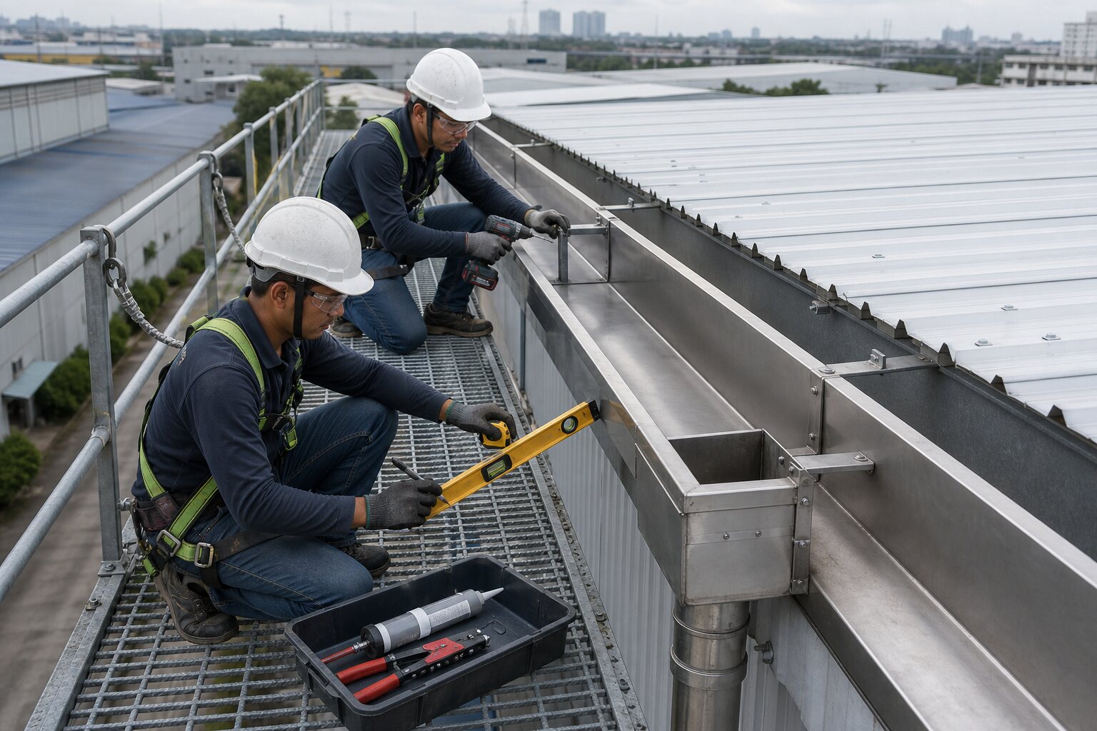 Factory roof stainless steel gutter repair in a Klang Valley industrial area
