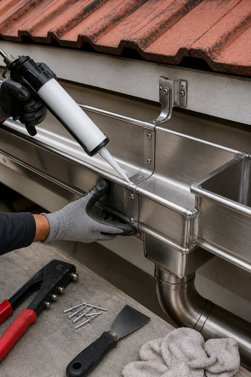 Stainless steel roof gutter joint repair close up